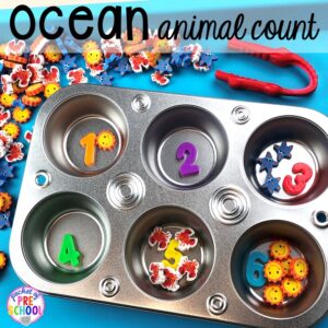 Ocean animal count (mini erasers or counters)! Ocean theme activities and centers for preschool, pre-k, and kindergarten (math, liteacy, sensory, fine motor, STEM). #oceantheme #preschool #prek #beachtheme