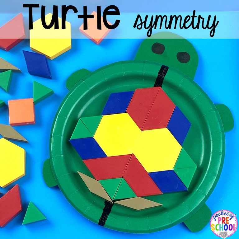 Turtle symetry with a plate and pattern blocks! Ocean theme activities and centers for preschool, pre-k, and kindergarten (math, liteacy, sensory, fine motor, STEM). #oceantheme #preschool #prek #beachtheme
