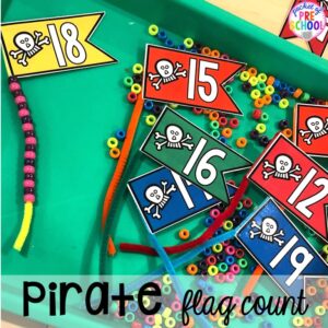 Pirate flag count! Ocean theme activities and centers for preschool, pre-k, and kindergarten (math, liteacy, sensory, fine motor, STEM). #oceantheme #preschool #prek #beachtheme