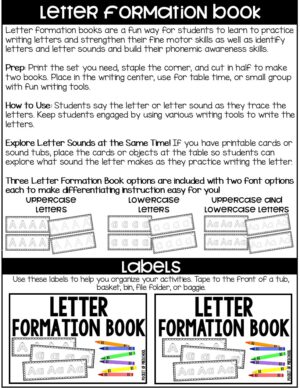 letter formation book Alphabet Letter Formation Books are a fun, hands-on way to practice letter formation. Three different letter books are included: just uppercase, just lowercase, and both uppercase and lowercase. Students practice making letters in many ways, such as paint, rainbow write, and collage. This has been designed for a preschool, pre-k, or kindergarten classroom.