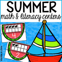 Math and literacy centers with a summer theme for preschool, pre-k, and kindergarten students
