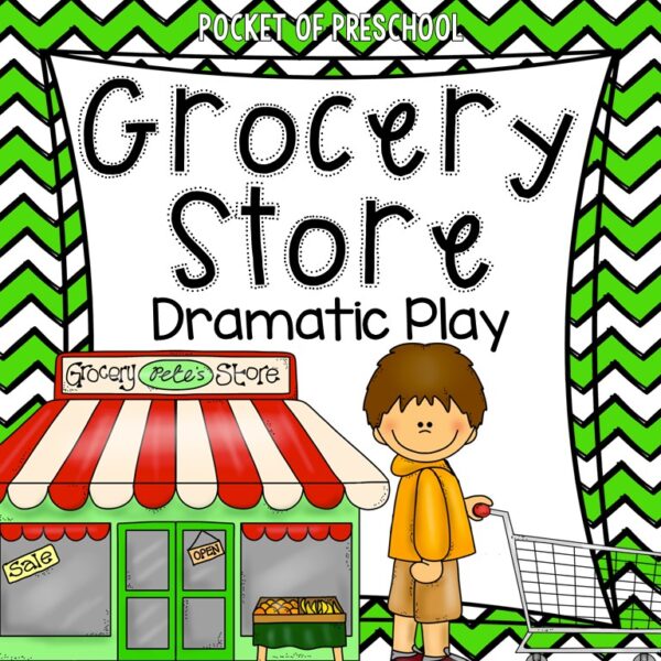 Create a grocery store dramatic play in your preschool, pre-k, and kindergarten classroom for learning through play.
