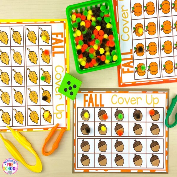 Have a fall theme in your preschool, pre-k, or kindergarten classroom while learning math and literacy skills.