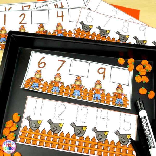 Have a fall theme in your preschool, pre-k, or kindergarten classroom while learning math and literacy skills.