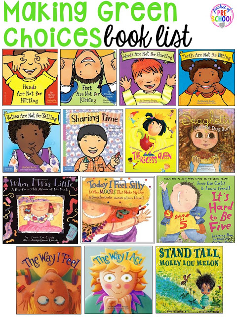 Book List for teaching good choices! Green and red choice behavior management techniques (posters, songs, individual choice boards, class books, and children's books to support) perfect for preschool, pre-k, and kindergarten