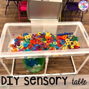 Sensory table hack! Sensory table ideas - sensory filler list, sensory tools list plus how to make it meaningful play in your preschool, pre-k, or kindergarten classroom.