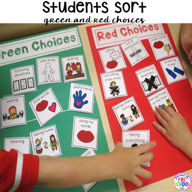 Green and red choice behavior management techniques (posters, songs, individual choice boards, class books, and children's books to support) perfect for preschool, pre-k, and kindergarten