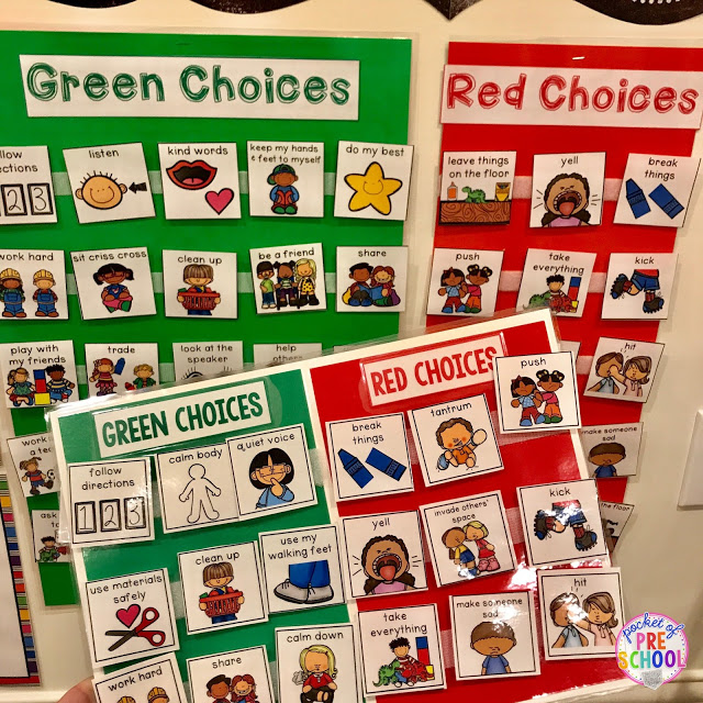 Red and green choice boards to help manage classroom behaviors in preschool, pre-k, and kindergarten rooms. 