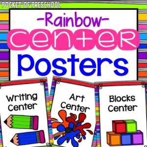 Center posters with a rainbow design for a preschool, pre-k, and kindergarten room.