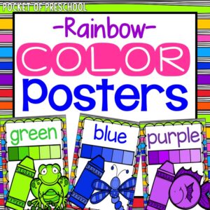 Color posters with a rainbow design for a preschool, pre-k, and kindergarten room.