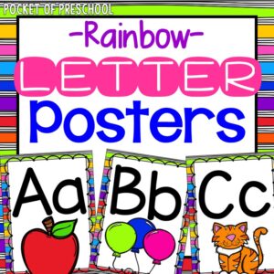 Letter posters with a rainbow design for a preschool, pre-k, and kindergarten room.