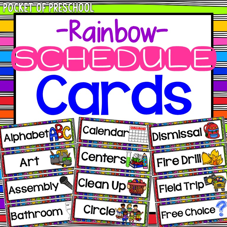 Schedule cards with a rainbow design for a preschool, pre-k, and kindergarten room.