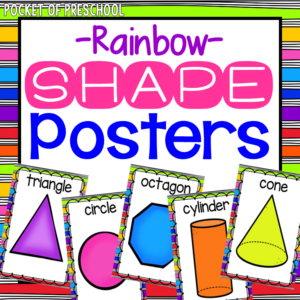 Shape posters with a rainbow design for a preschool, pre-k, and kindergarten room.