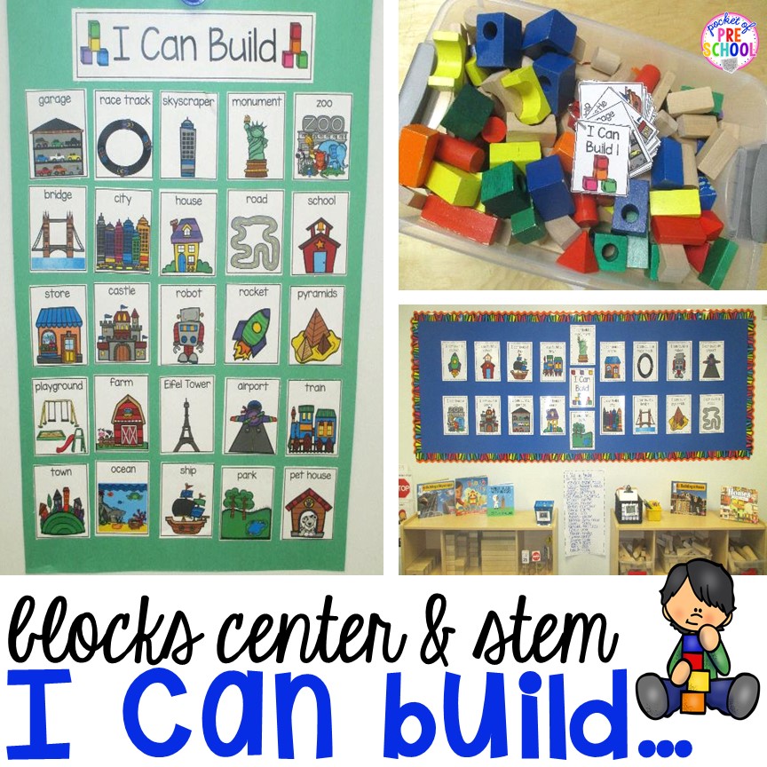  Do ever have those kids that get to the blocks center and don't know what to build? "I Can" anchor charts and books helps give students ideas of what they can build. Easy way to embed STEM activities to your classroom.
