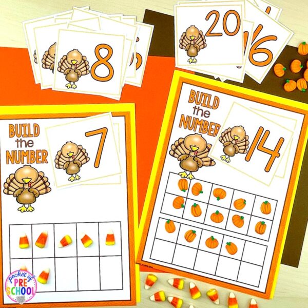 Have a Thanksgiving theme in your preschool, pre-k, or kindergarten classroom while learning math and literacy skills.