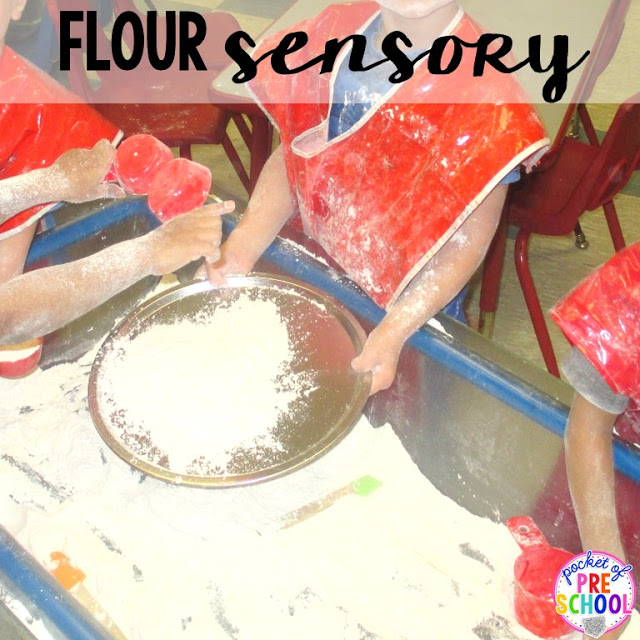 Flour in the sensory table perfect for a pizza theme in a preschool, pre-k, and kindergarten classroom.