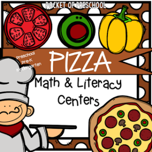 Math and literacy centers with a pizza theme for preschool, pre-k, and kindergarten students