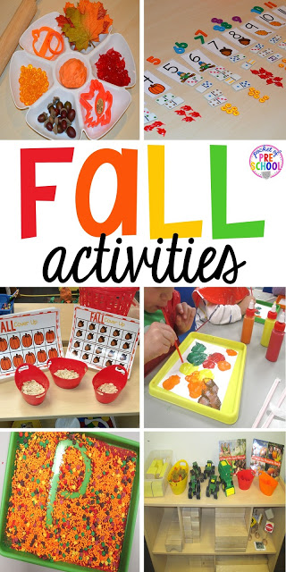 Fall math, literacy, fine motor, art, sensory, science, and dramatic play activities for your preschool, pre-k, and kindergarten classroom.