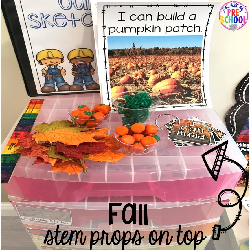 Fall STEM challenges! Fall math, literacy, fine motor, art, sensory, and dramatic play activities for your preschool, pre-k, and kindergarten classroom.