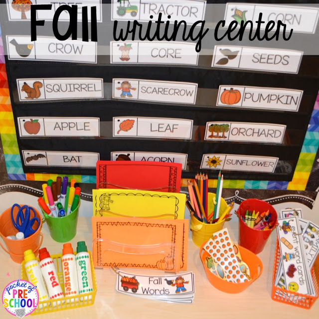 Fall writing center. Fall math, literacy, fine motor, art, sensory, and dramatic play activities for your preschool, pre-k, and kindergarten classroom.