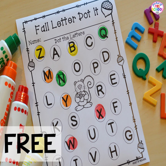FREE fall letter dot it! Fall math, literacy, fine motor, art, sensory, and dramatic play activities for your preschool, pre-k, and kindergarten classroom.