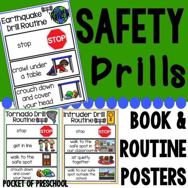 Safety drills posters and printables for preschool, pre-k, and kindergarten students.