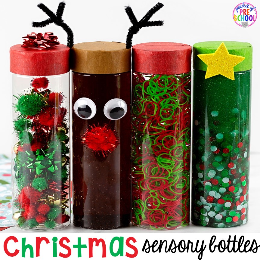 Create Christmas sensory bottles plus a giant sensory bottle round-up for preschool, pre-k, and kindergarten.