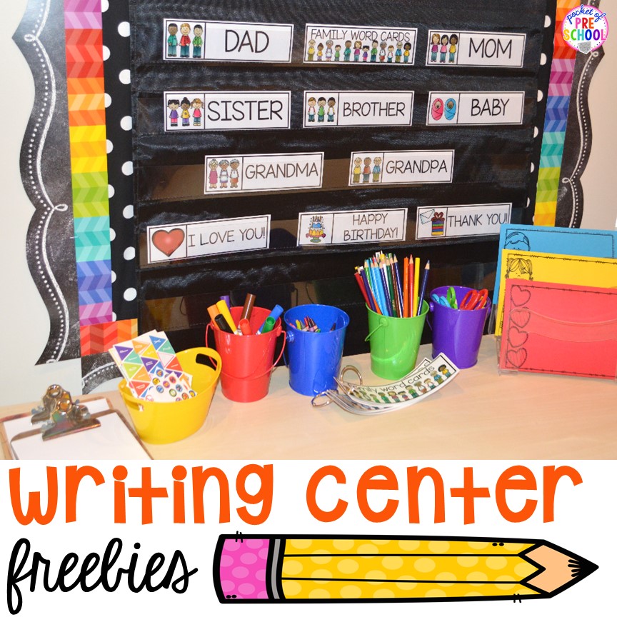 Writing center freebies perfect for preschool, pre-k, and kindergarten (family word cards, event word cards, and fancy writing paper)