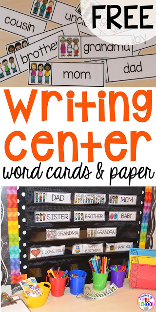 Writing center freebies perfect for preschool, pre-k, and kindergarten (family word cards, event word cards, and fancy writing paper)
