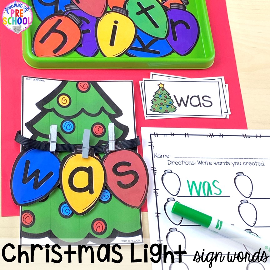 Christmas light letters to build sight words! My go to Christmas themed math, writing, fine motor, sensory, reading, and science activities for preschool and kindergarten.