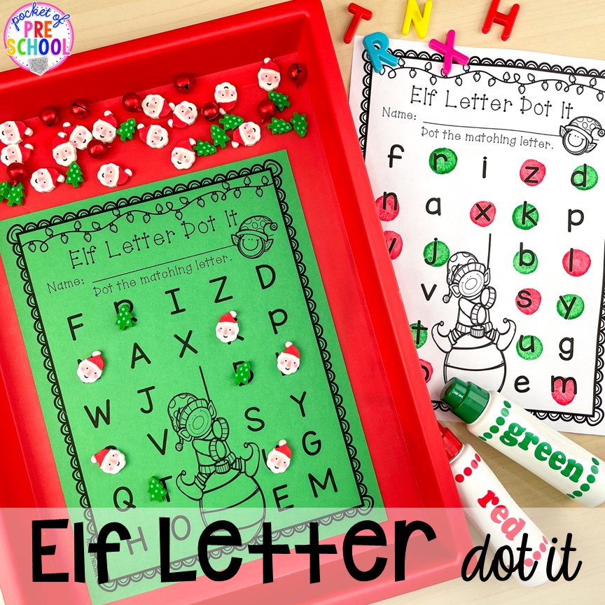 Elf letter do it to practice idenifying uppercase and lowercase letters! My go to Christmas themed math, writing, fine motor, sensory, reading, and science activities for preschool and kindergarten.