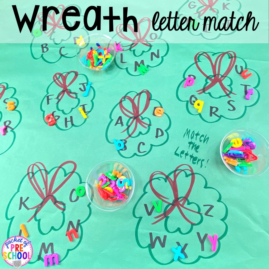 Holiday wreath letter match is a fun butcher paper activity to get moving and learning! My go to Christmas themed math, writing, fine motor, sensory, reading, and science activities for preschool and kindergarten.