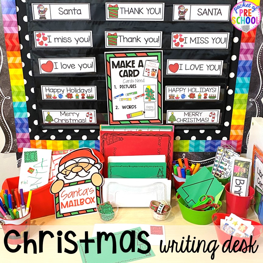 Christmsa writing table! My go to Christmas themed math, writing, fine motor, sensory, reading, and science activities for preschool and kindergarten.