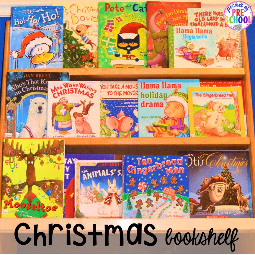 Christmas bookslef in my classroom! My go to Christmas themed math, writing, fine motor, sensory, reading, and science activities for preschool and kindergarten.