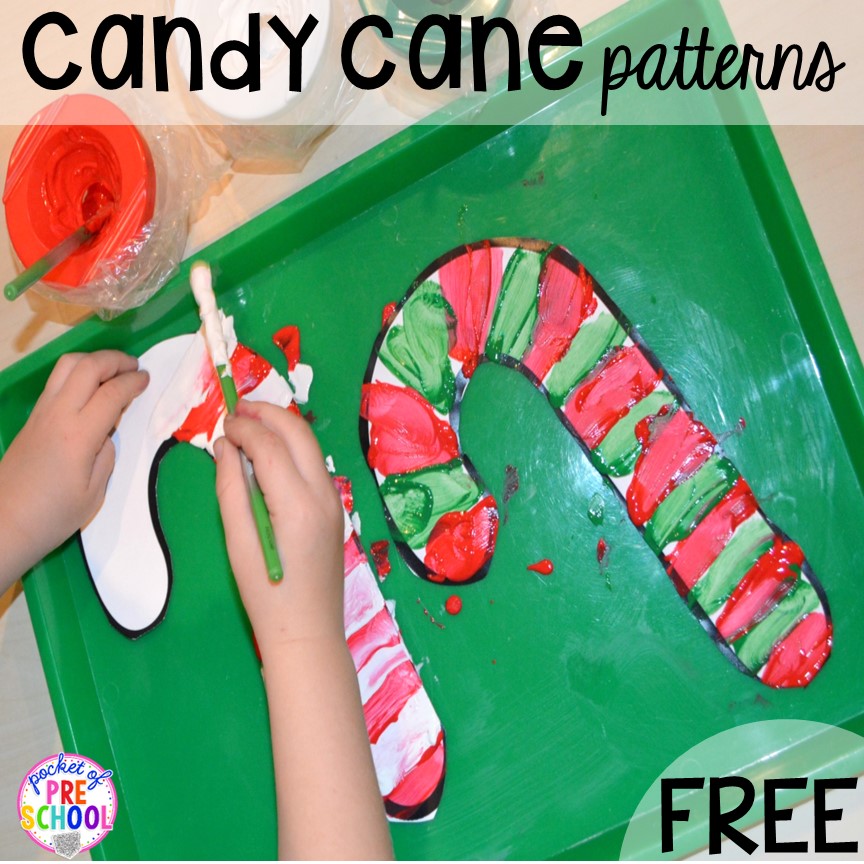 FREE candy cane printable for studenst to paint their own pattern on! My go to Christmas themed math, writing, fine motor, sensory, reading, and science activities for preschool and kindergarten.