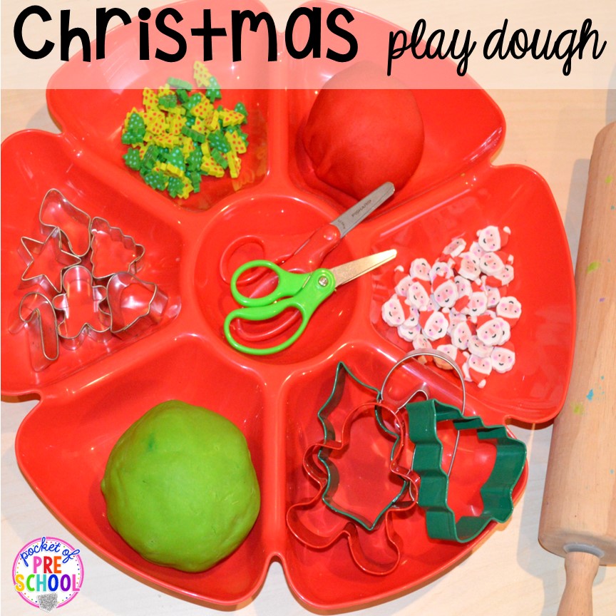 Christmnas playdoh tray! My go to Christmas themed math, writing, fine motor, sensory, reading, and science activities and centers for preschool and kindergarten.
