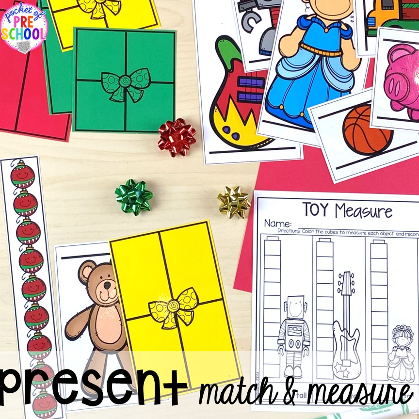 Christmas present measure and match (non-standard measurement). My go to Christmas themed math, writing, fine motor, sensory, reading, and science activities for preschool and kindergarten.