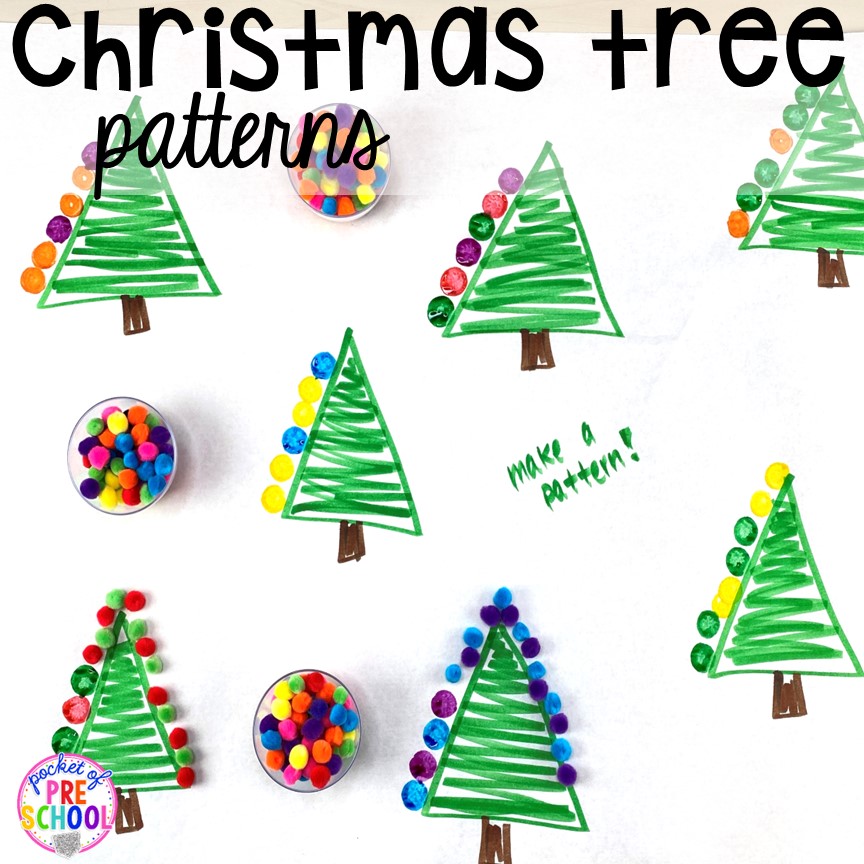 Christmas tree patterns butcher paper activity! My go to Christmas themed math, writing, fine motor, sensory, reading, and science activities for preschool and kindergarten.
