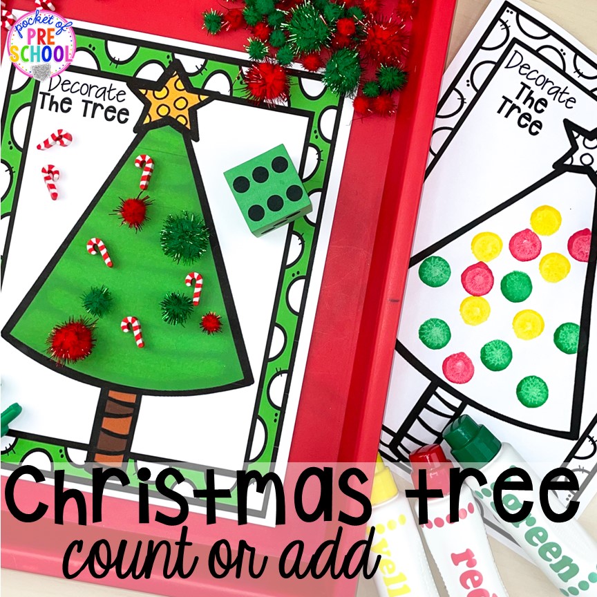 Christmas Tree count or add game using dice and manipulatives. My go to Christmas themed math, writing, fine motor, sensory, reading, and science activities for preschool and kindergarten.