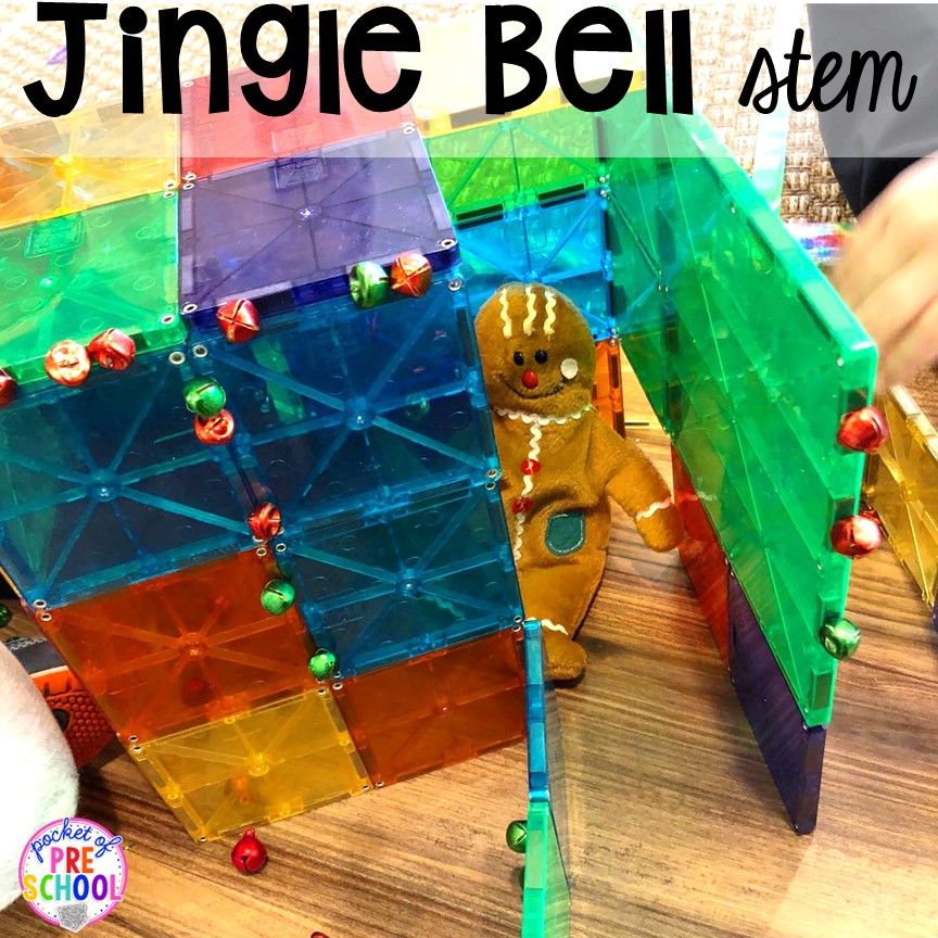 Jingle bell STEM using bells and magnet tiles blocks (fun way to explore magnets). My go to Christmas themed math, writing, fine motor, sensory, reading, and science activities for preschool and kindergarten.