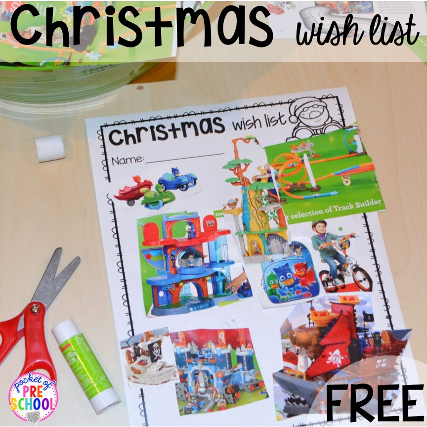 FREE Christmas wishlist printable for cutting collages! My go to Christmas themed math, writing, fine motor, sensory, reading, and science activities for preschool and kindergarten.