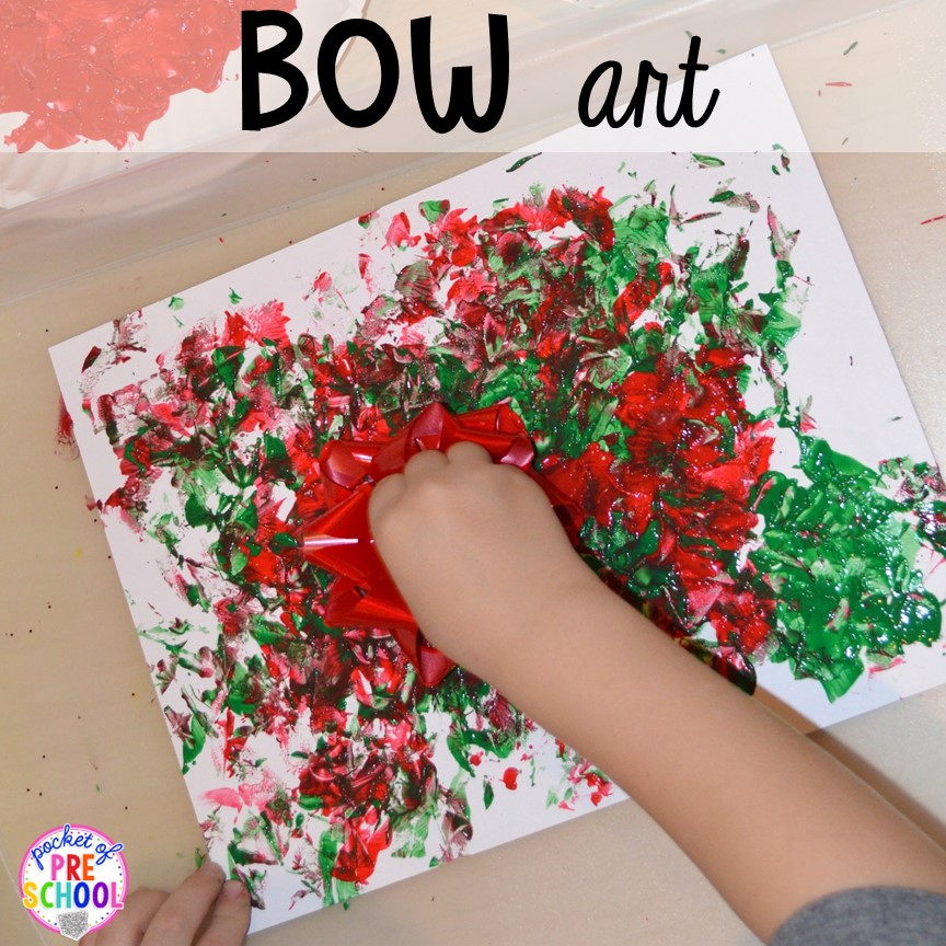 Bow art for Christmas! My go to Christmas themed math, writing, fine motor, sensory, reading, and science activities for preschool and kindergarten.