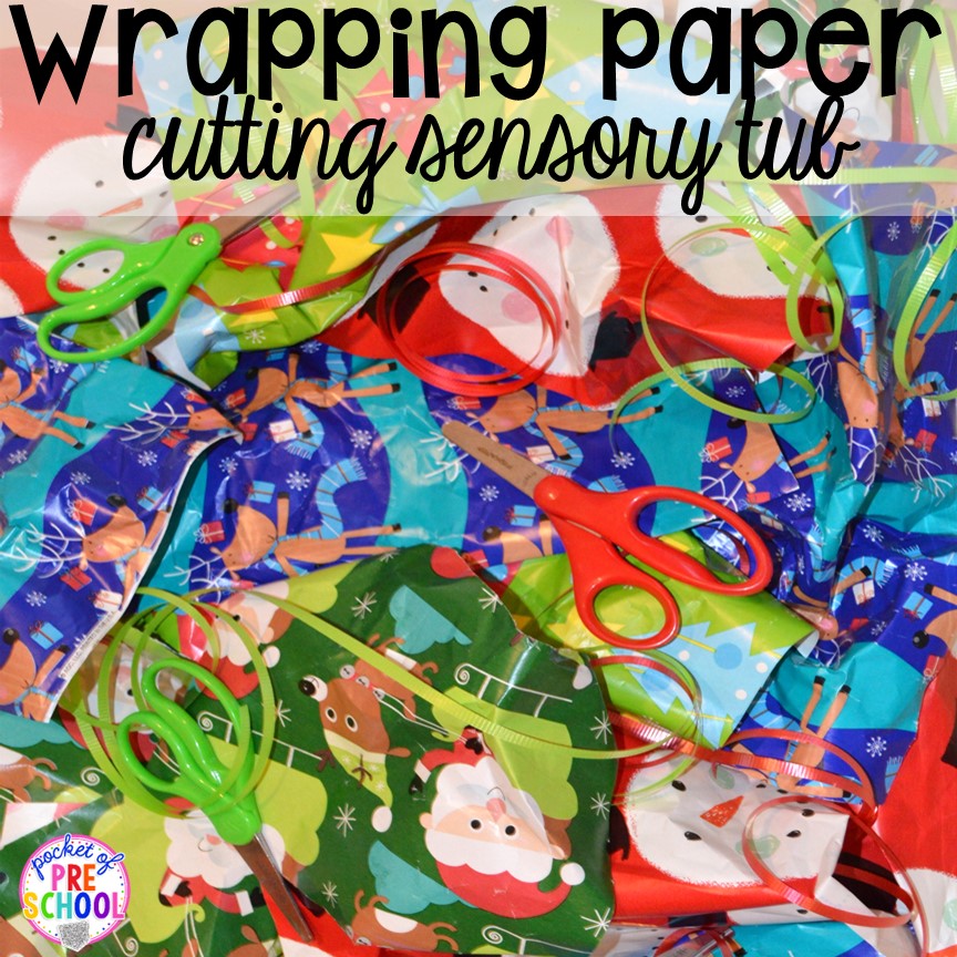 Wrapping paper cutting sensory tub! My go to Christmas themed math, writing, fine motor, sensory, reading, and science activities for preschool and kindergarten.