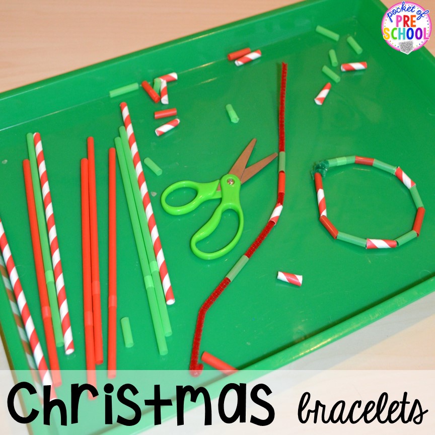 Christmas straw bracelets for scissor skill practice! My go to Christmas themed math, writing, fine motor, sensory, reading, and science activities for preschool and kindergarten.