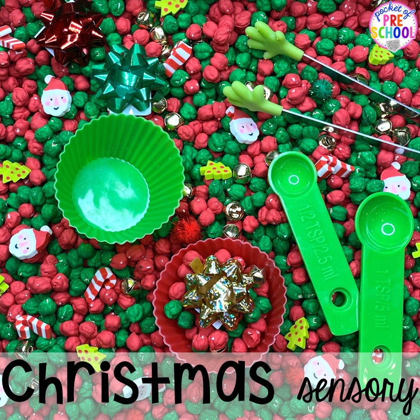 Christmas sensory table with chickpeas and mini ersaers! My go to Christmas themed math, writing, fine motor, sensory, reading, and science activities for preschool and kindergarten.