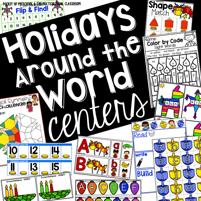 Holidays Around the World Math & Literacy Centers for preschool, pre-k, and kindergarten students