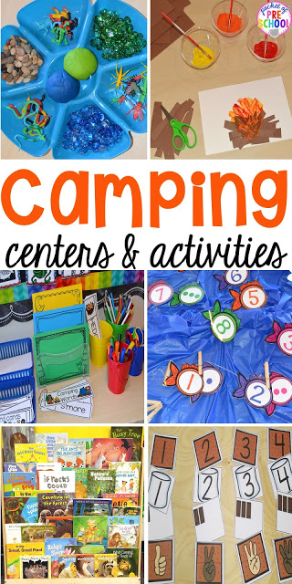 Camping themed centers and activities for preschool, pre-k, and kindergarten students. Fun to do in the fall or spring!