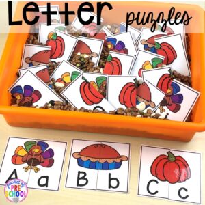 Thanksgiving turkey letter puzzles. Thanksgiving and turkey themed activities and centers for preschool, pre-k, and kindergarten. (math, literacy, fine motor, character, and more).