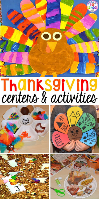 Thanksgiving and turkey themed activities and centers for preschool, pre-k, and kindergarten. (math, literacy, fine motor, character, and more).