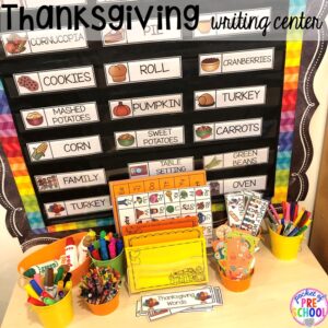 Thanksgiving writing center. Thanksgiving and turkey themed activities and centers for preschool, pre-k, and kindergarten. (math, literacy, fine motor, character, and more).